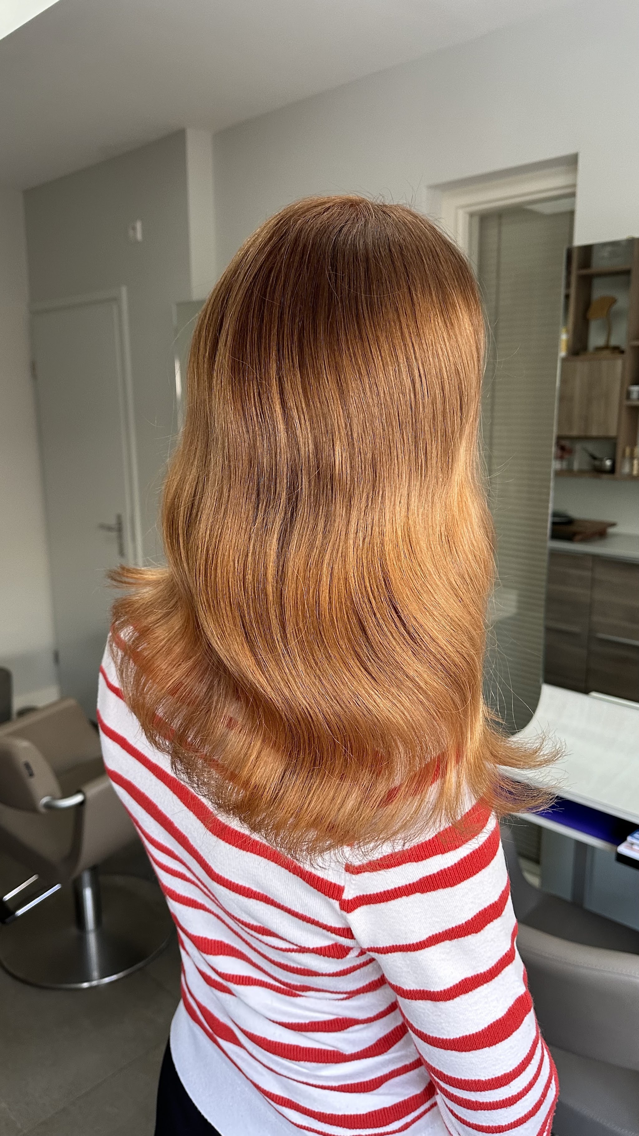 Lang koperkleurig haar met slag, van achteren gezien in de salon